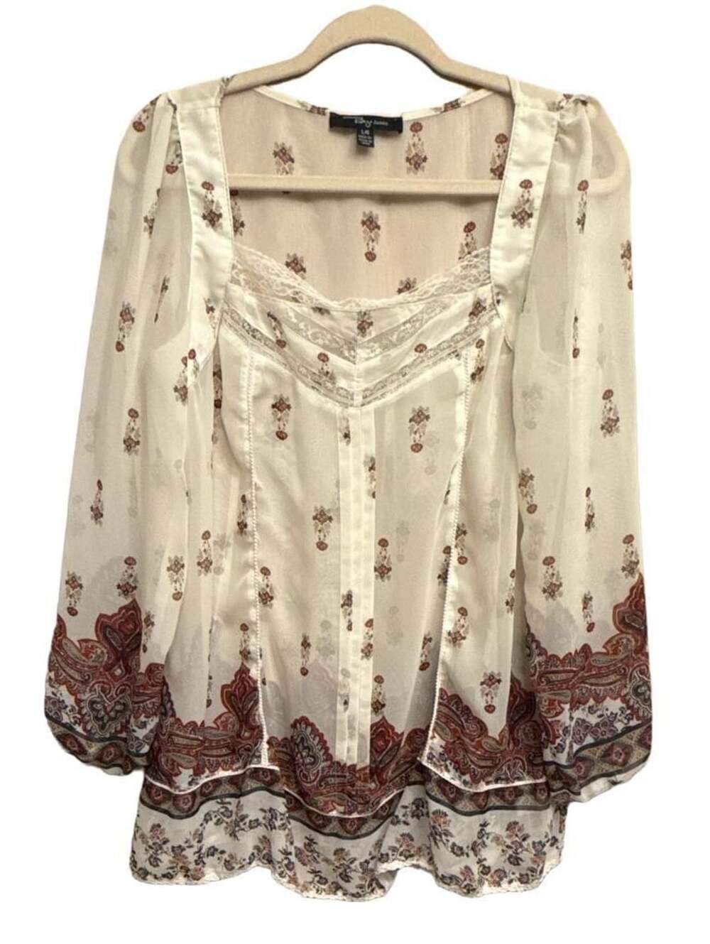 Riley + James Women's Ivory Sheer Boho Peasant Blouse with Lace and Paisley Prin